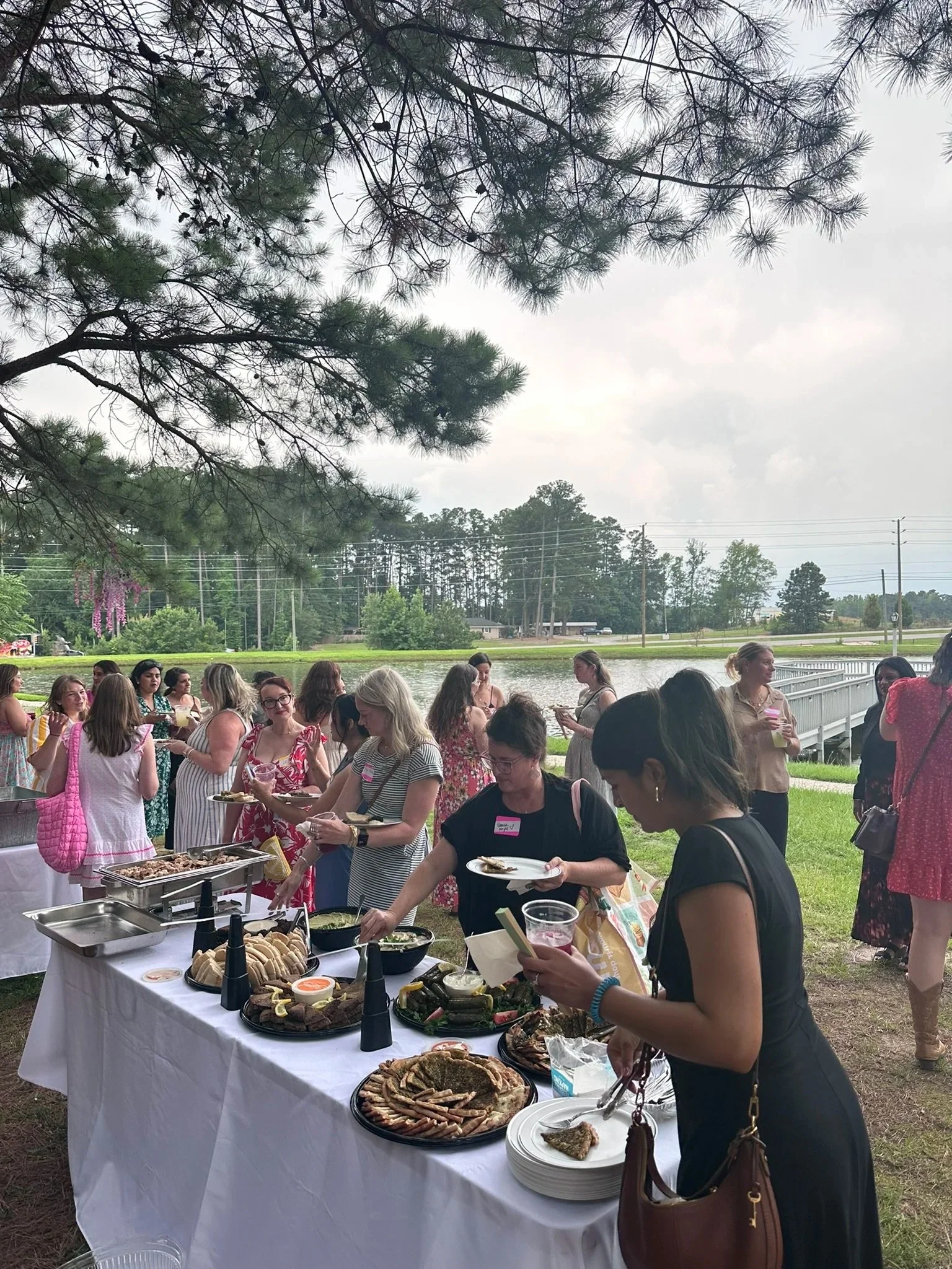 Outdoor gathering with diverse dishes and guests enjoying a buffet