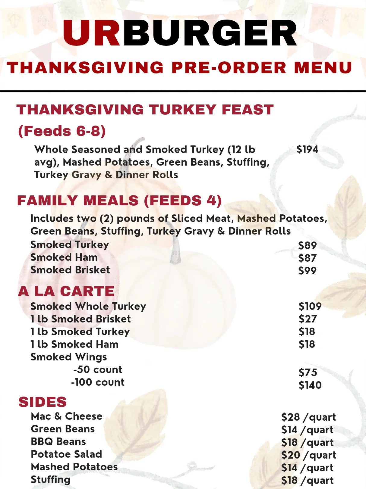 Thanksgiving pre-order menu flyer with smoked turkey feast and family meals