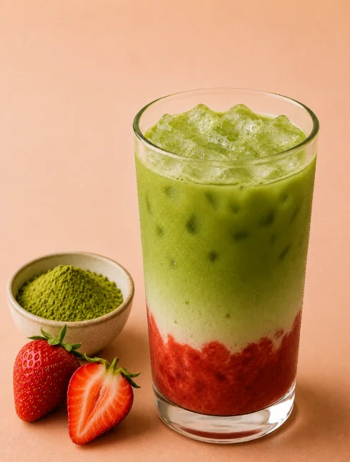 A refreshing layered drink featuring a green matcha layer on top, a creamy layer in the middle, and a vibrant red strawberry base. Served in a tall glass with ice and accompanied by fresh strawberries and matcha powder.