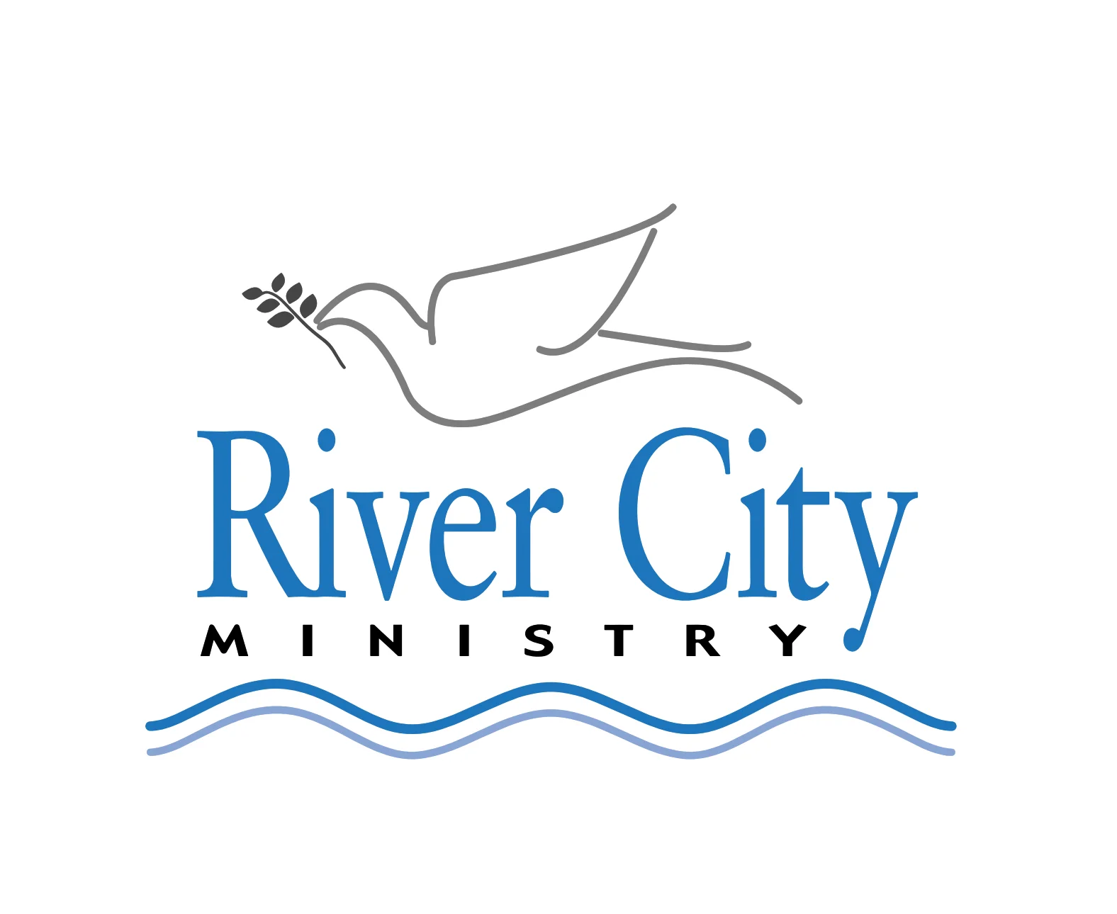 Logo of River City Ministry featuring a dove and waves