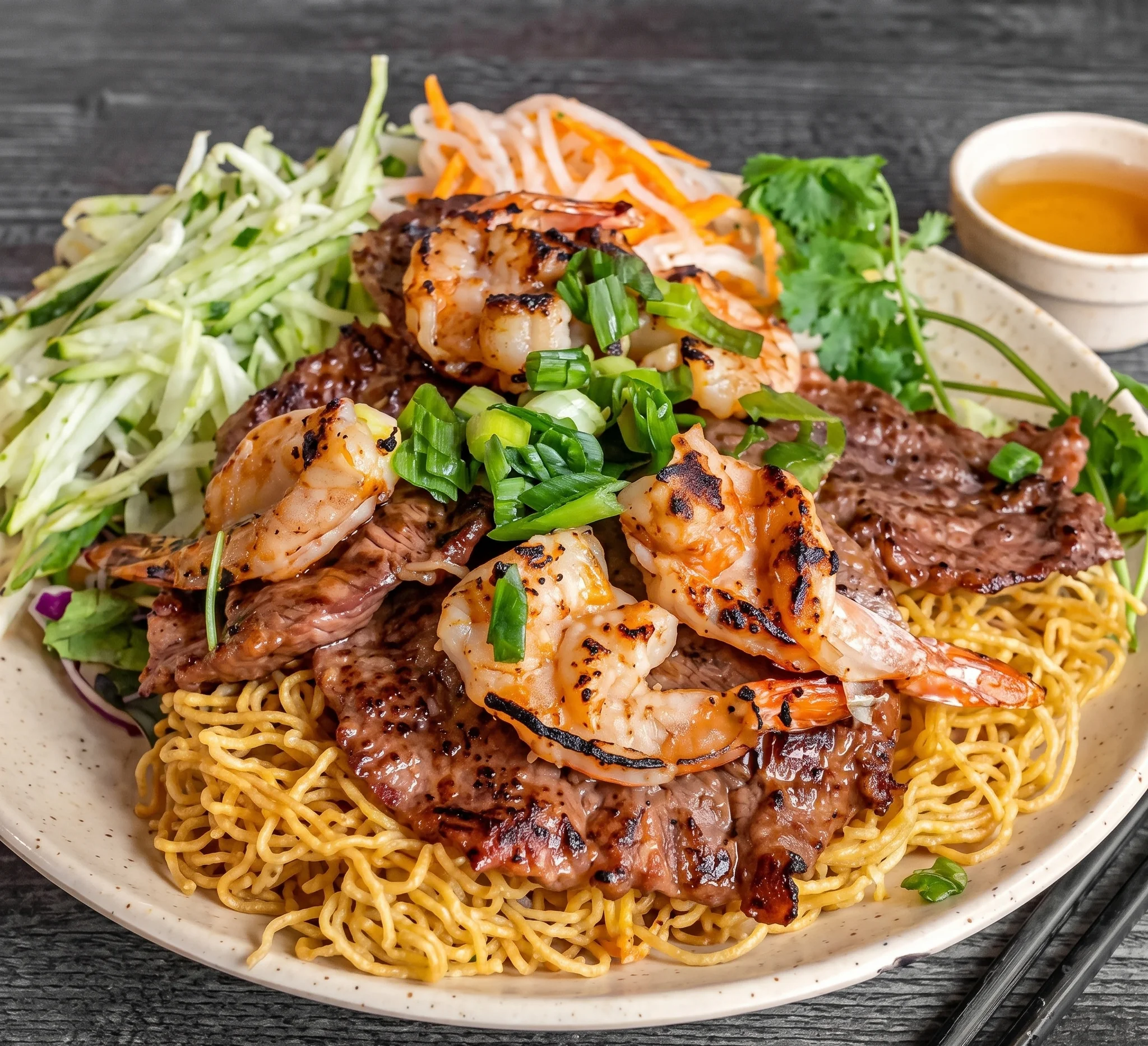 Grilled shrimp and beef stir-fried noodles, a Vietnamese classic