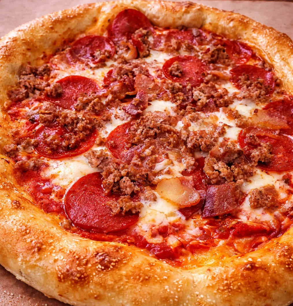 Loaded meat lover's pizza with pepperoni and sausage