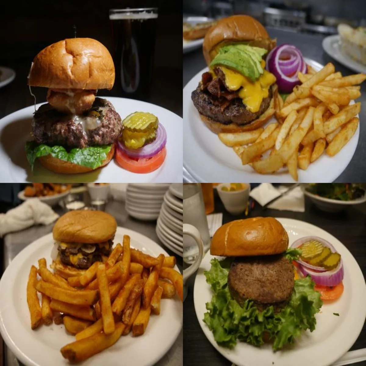 Gourmet burgers with fries in a casual dining setting