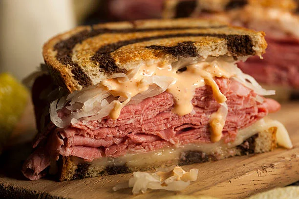 Classic Reuben sandwich with corned beef and sauerkraut