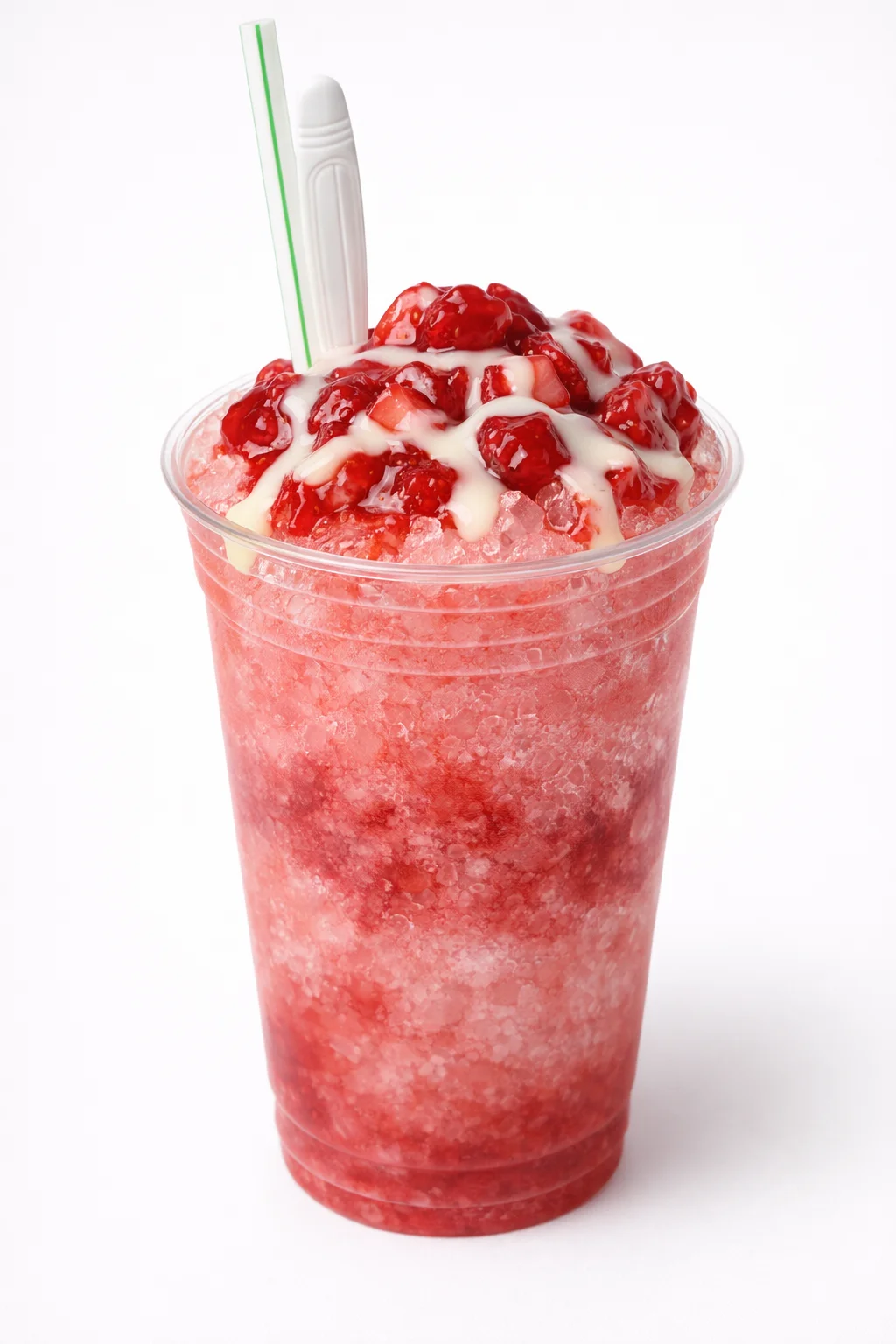 A refreshing slushy drink topped with cherry-like pieces and a creamy drizzle, served in a clear cup with a straw.