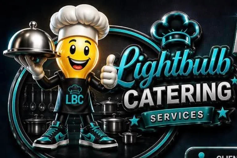 Lightbulb mascot chef promoting catering services