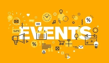 Colorful graphic design featuring events and icons on a bright background