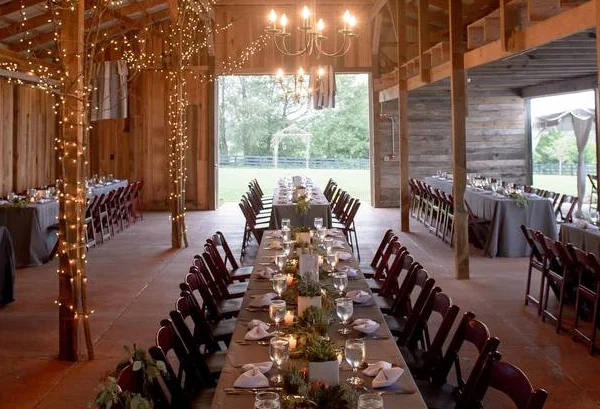 Rustic dining hall with elegant decor and warm lighting