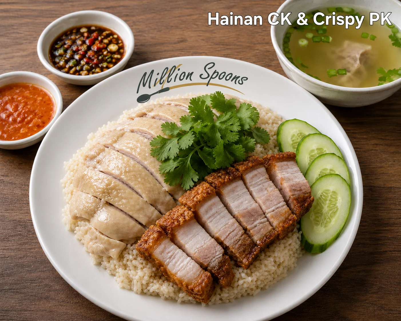 Hainanese chicken rice with crispy pork and cucumber slices