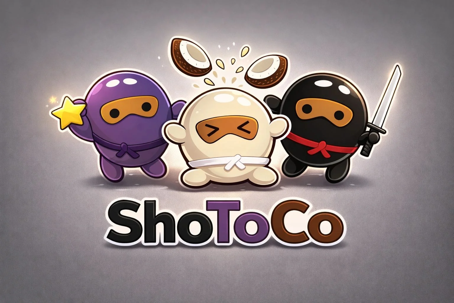 ShoToCo ninja characters: purple ToTo with a star, white coconut CoCo, and black ShoSho with a sword