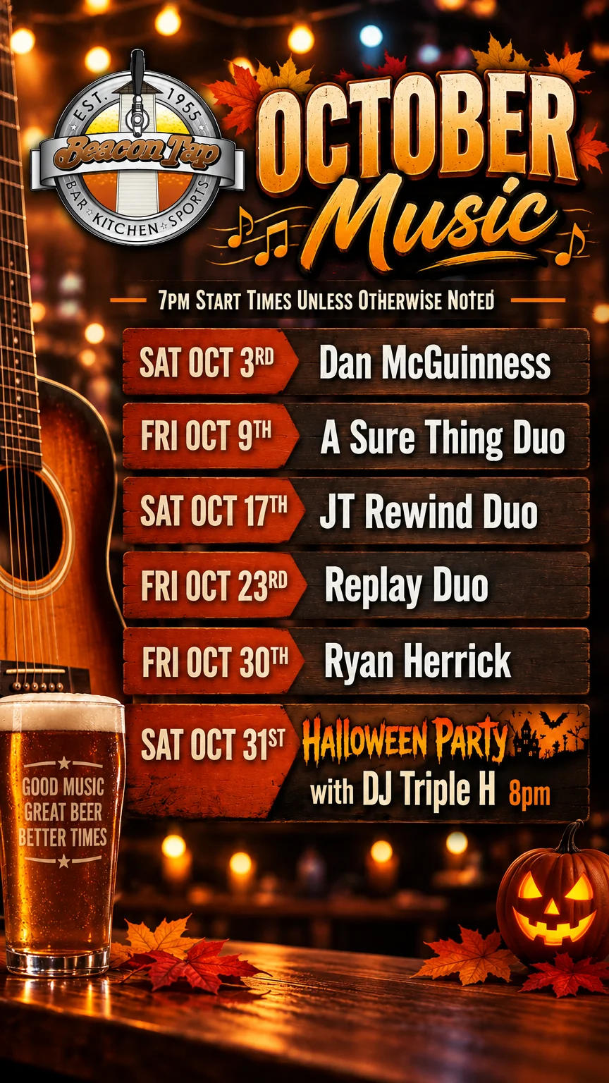 Promotional poster for Miller Lite event at Beacon Tap with concert ticket giveaway.
