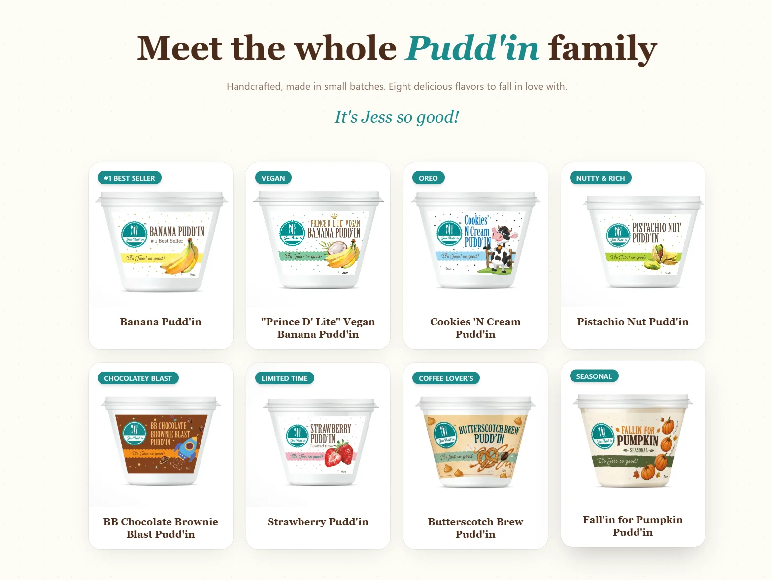 Pudding dessert flavor collection displayed in branded takeaway cups