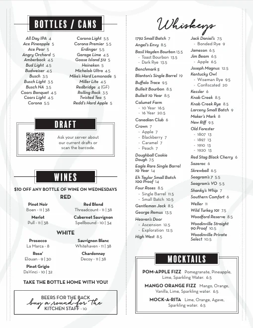 Restaurant drink menu featuring beers, wines, and whiskeys