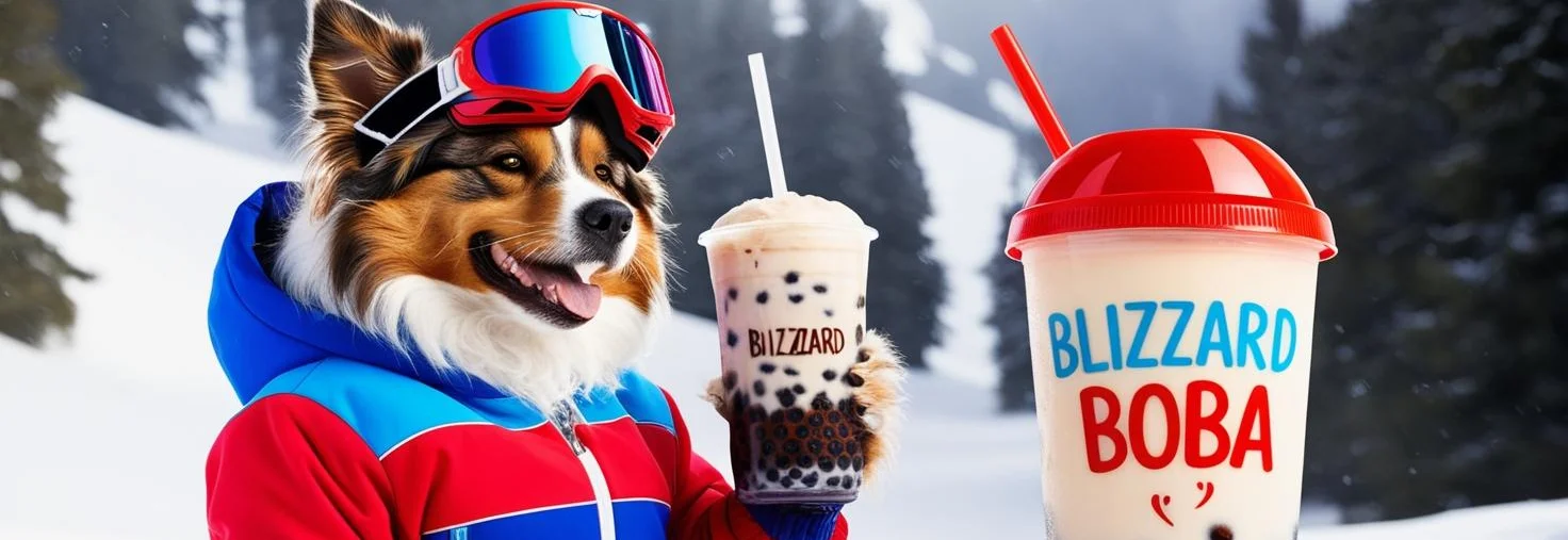 Dog in winter gear holding boba tea in a snowy landscape