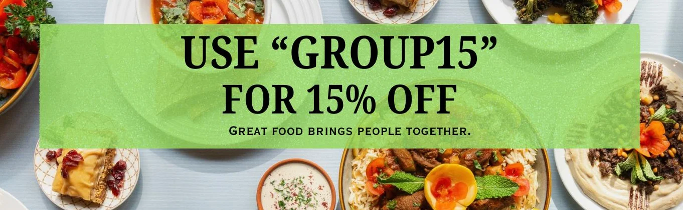Middle Eastern food spread with group dining promotion
