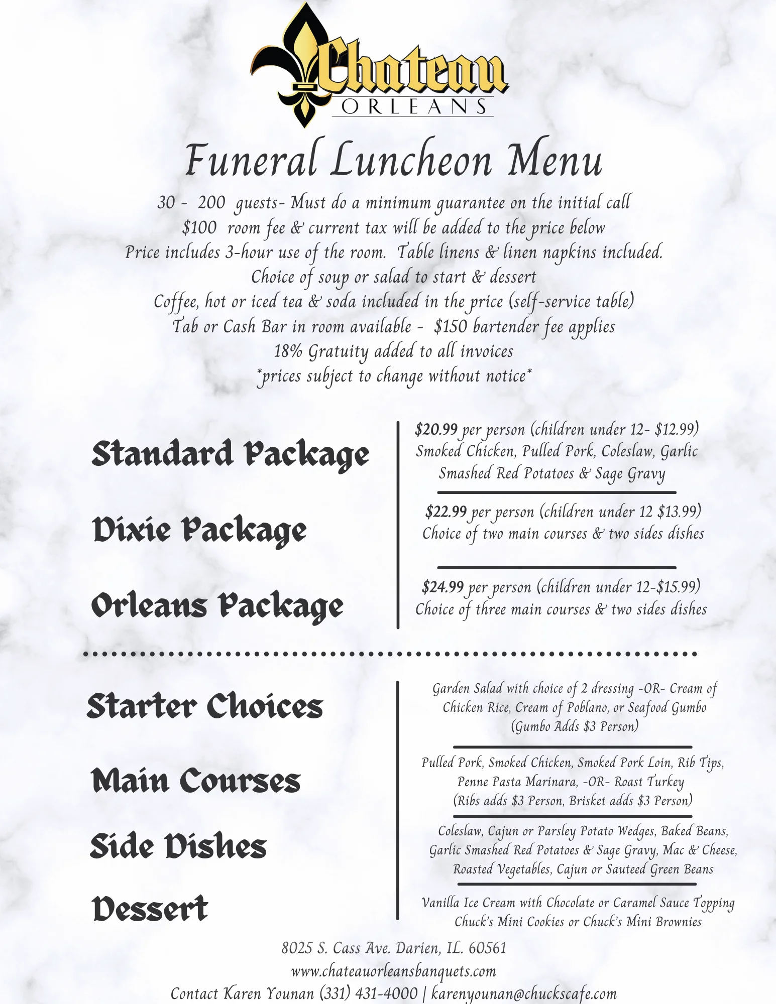 Funeral luncheon menu at Chateau Orleans restaurant