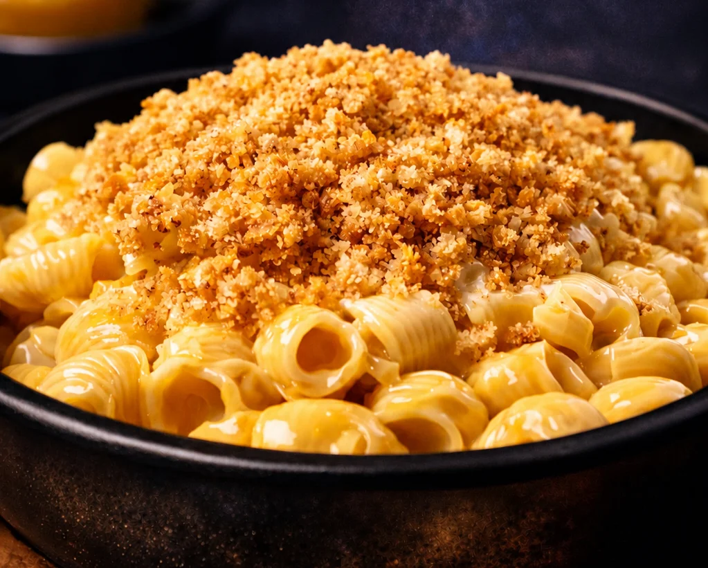 A bowl of creamy macaroni and cheese topped with crispy bread crumbs, creating a delicious and classic comfort food dish.