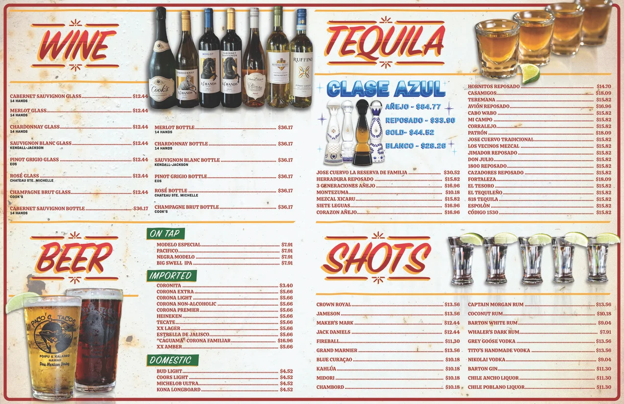 Extensive drink menu featuring wine, tequila, beer, and shots