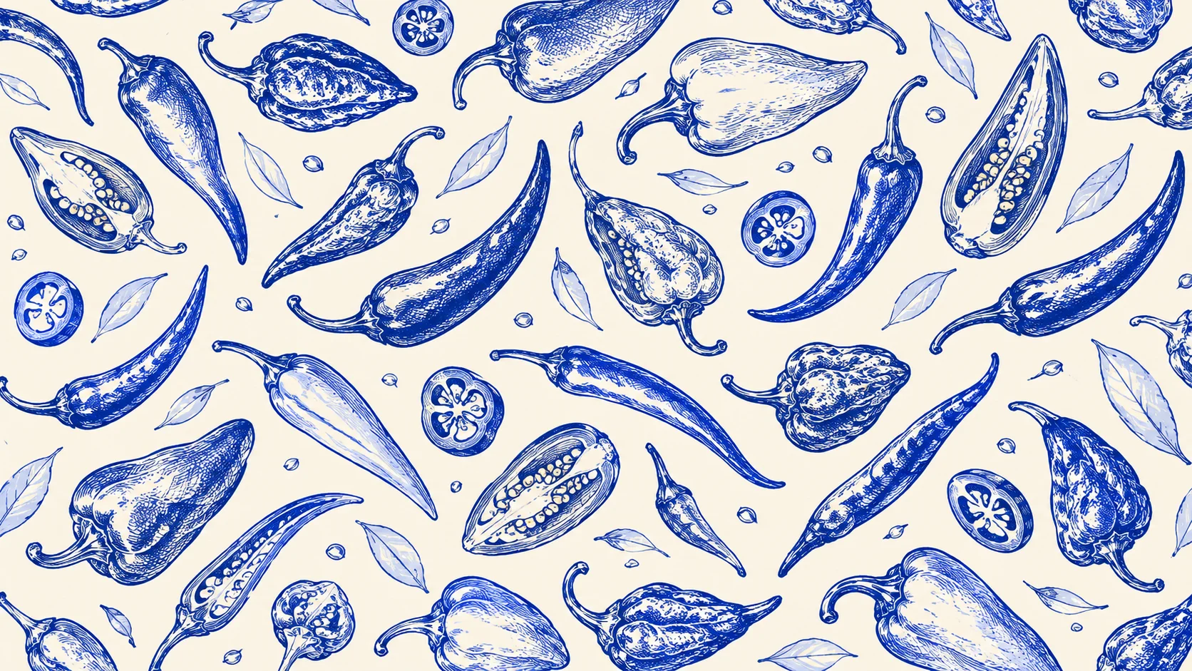 Blue botanical chili pepper pattern on cream background