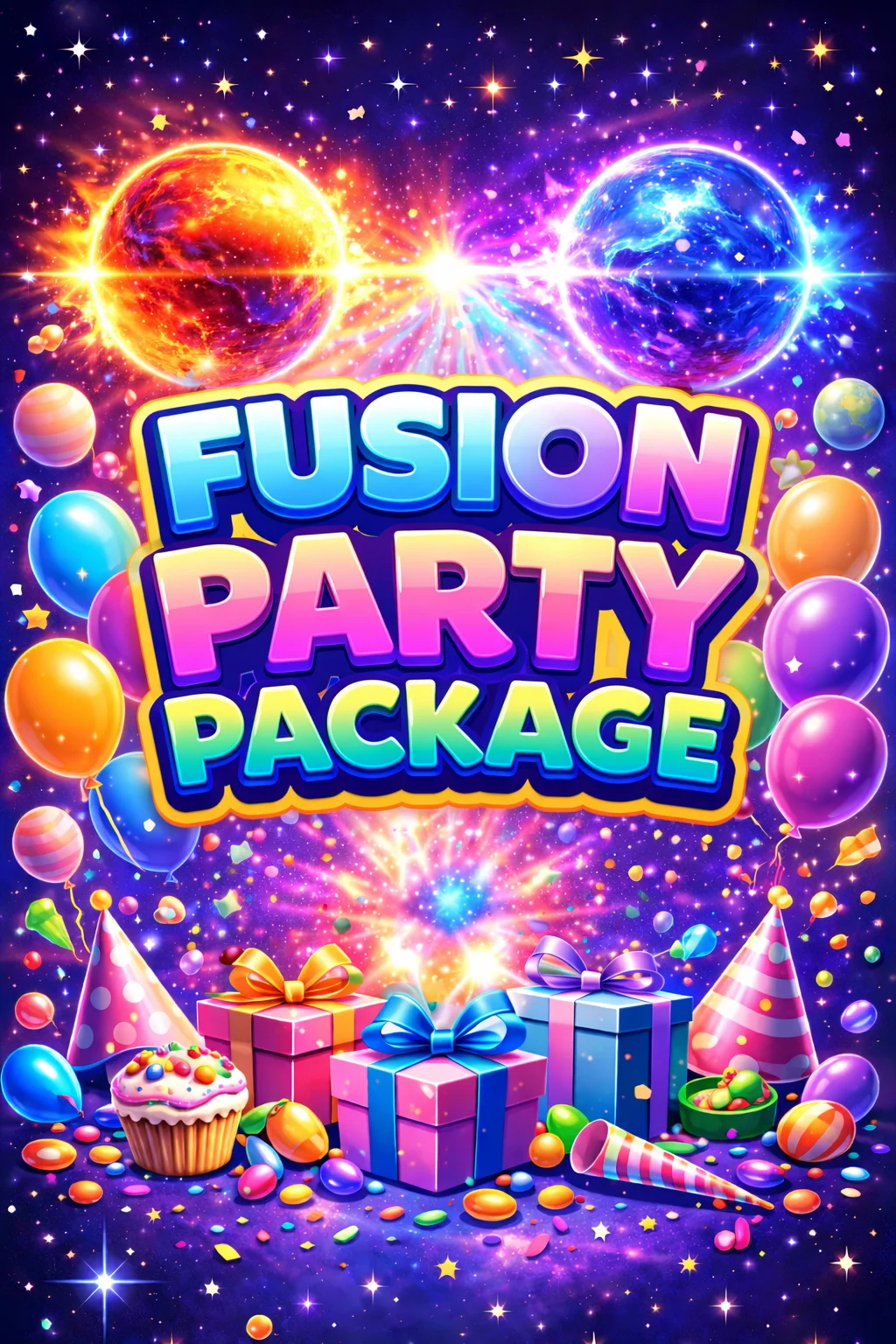 Colorful party package with balloons, gifts, and festive decorations