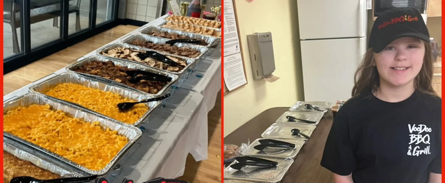 VooDoo BBQ Pensacola catering setup with mac and cheese, meats, and serving trays, alongside a manager’s daughter who helped on a delivery.
