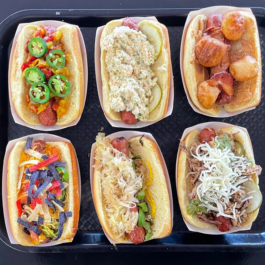 hotdogs, loaded side and funnel cake