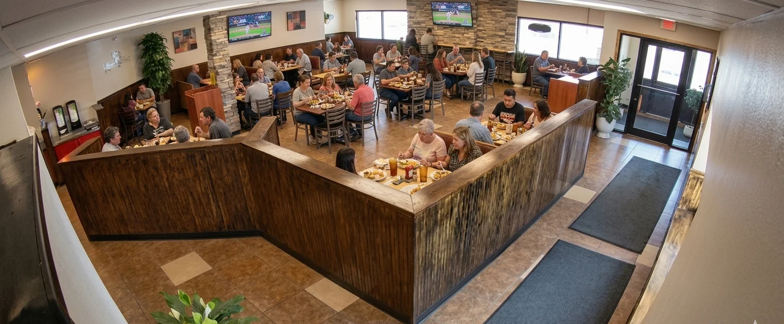 Cozy restaurant wall with neon sign and floral decor