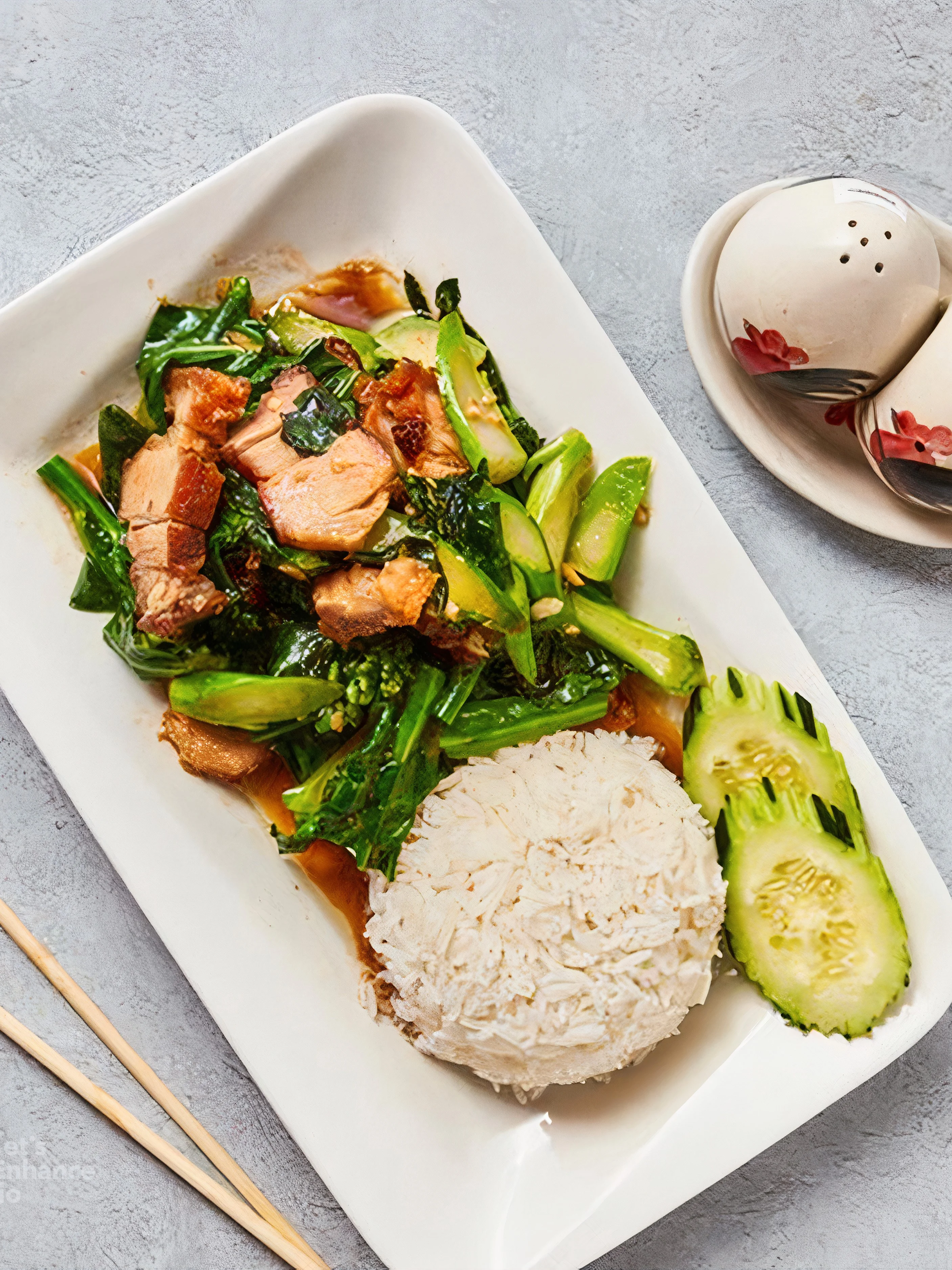 Chinese stir-fried greens with pork and rice
