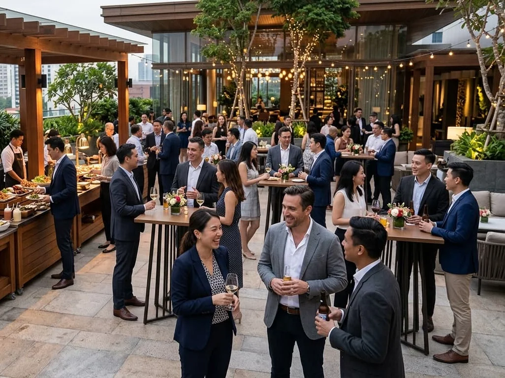 Outdoor BBQ buffet with guests enjoying food and drinks