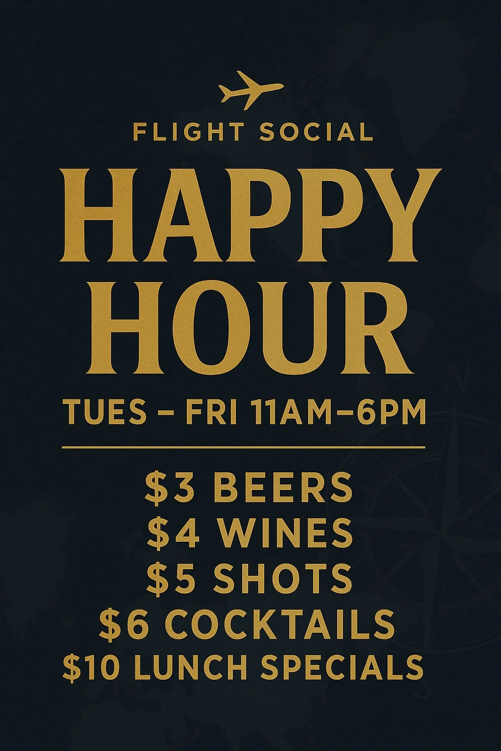 Flight Social Happy Hour in Downtown Cleveland - $3 beers, $4 wines, $5 shots, $6 cocktails, and $10 lunch specials, Tuesday-Friday 11am-6pm.