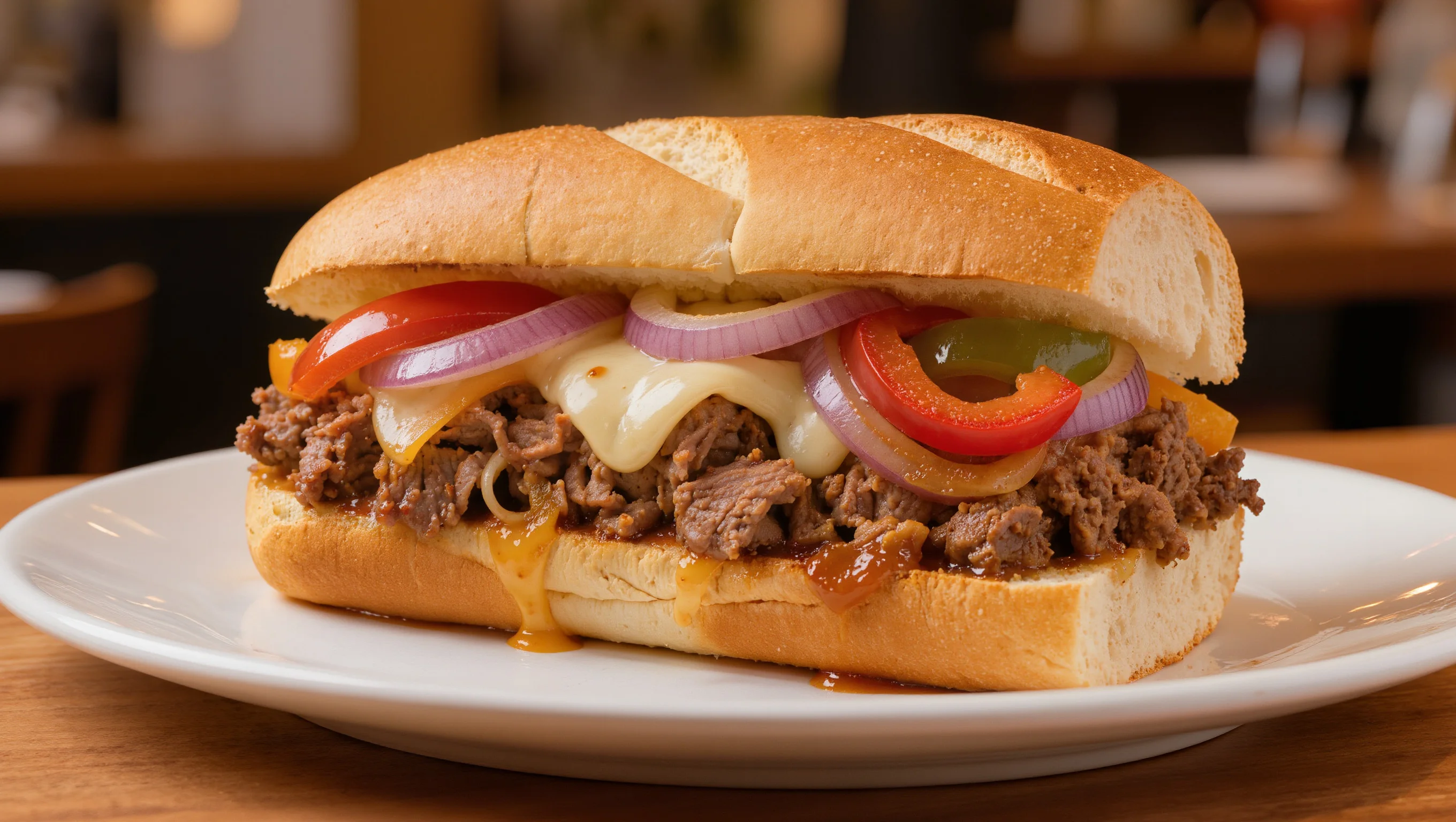 Philly Flame Sandwich with sautéed onions and peppers on a toasted bun