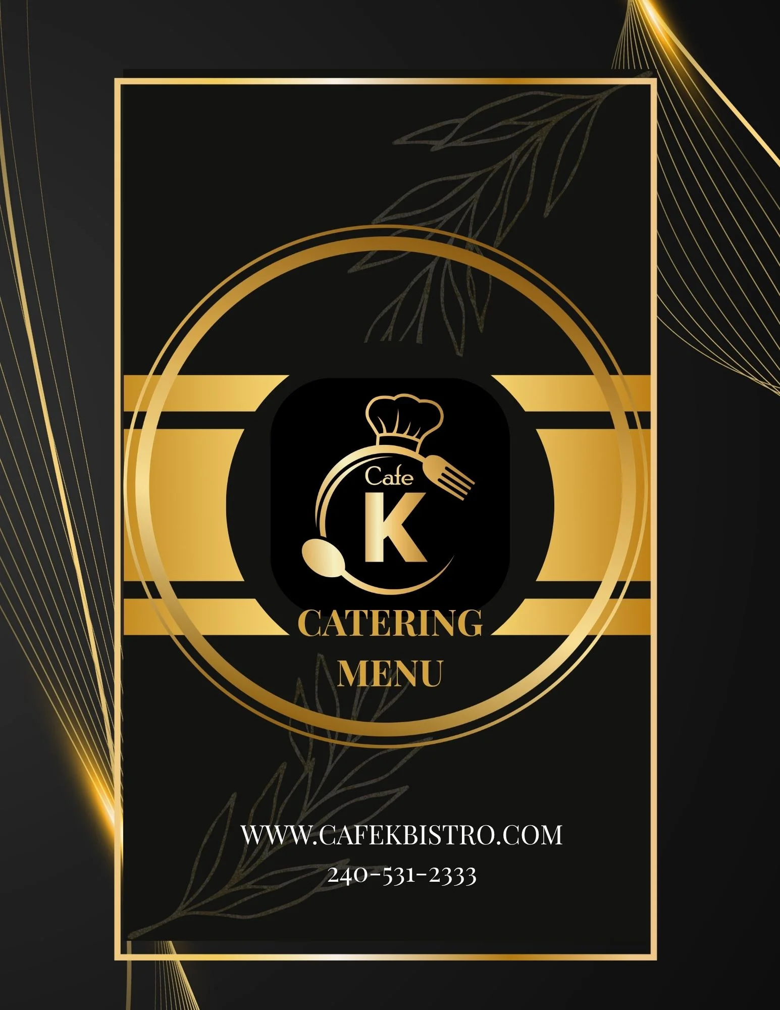 Elegant catering menu design for Cafe K with gold accents and contact information.