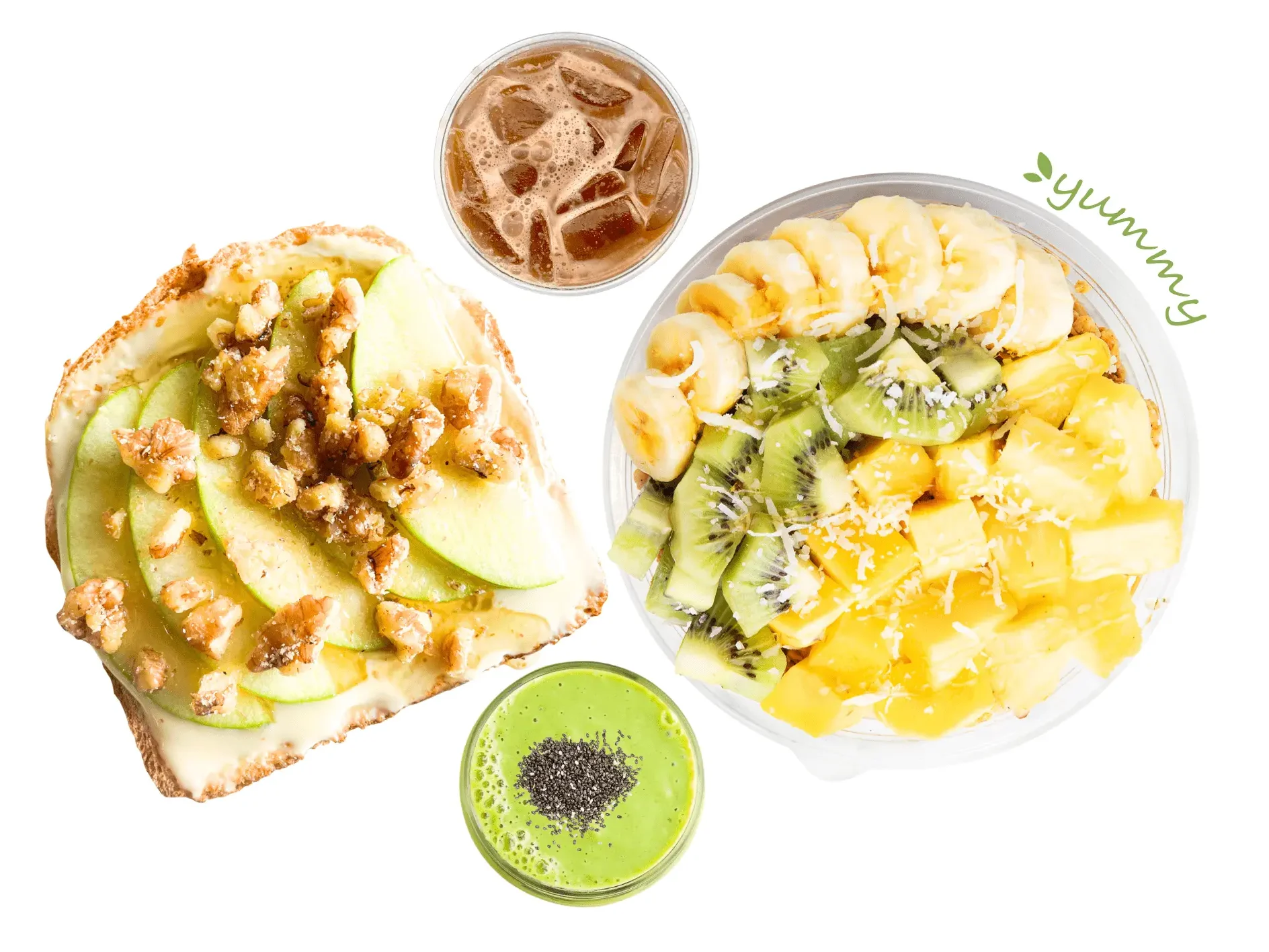 Image of an iced coffee, an apple a day toast with brie cheese, green apples, walnuts, and honey, a lean green smoothie with kale, pineapple, mango, and chia seeds and an acai bowl with granola, banana, kiwi, pineapple and coconut flakes.