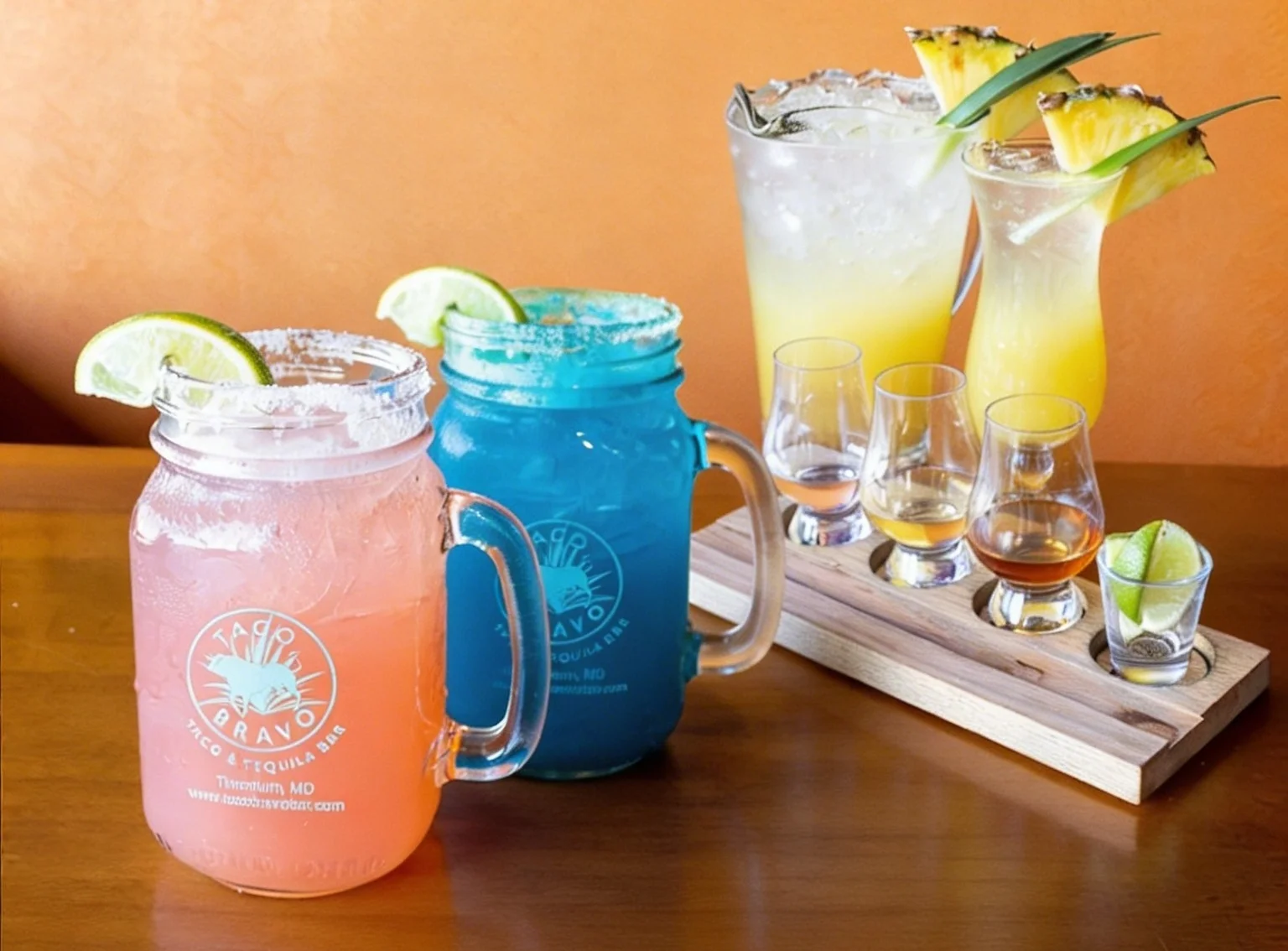 Colorful cocktails and tequila shots on a wooden table for happy hour