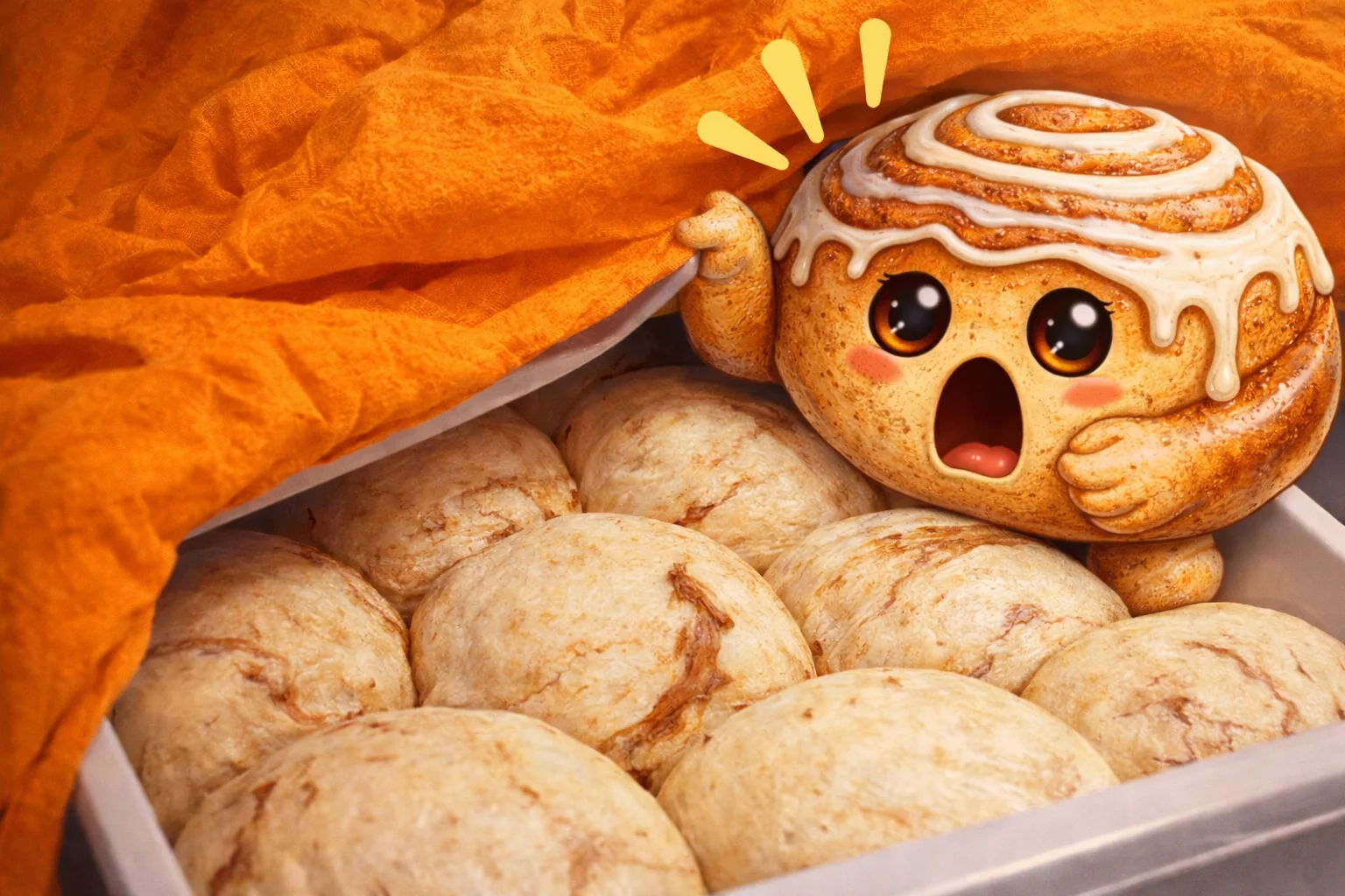 A surprised cinnamon roll character peeks out from under an orange cloth, surrounded by dough balls.