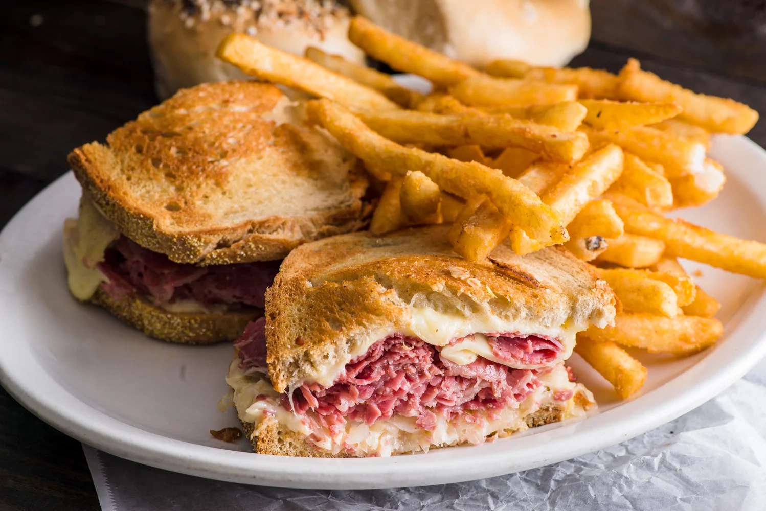 Classic Reuben sandwich with crispy fries