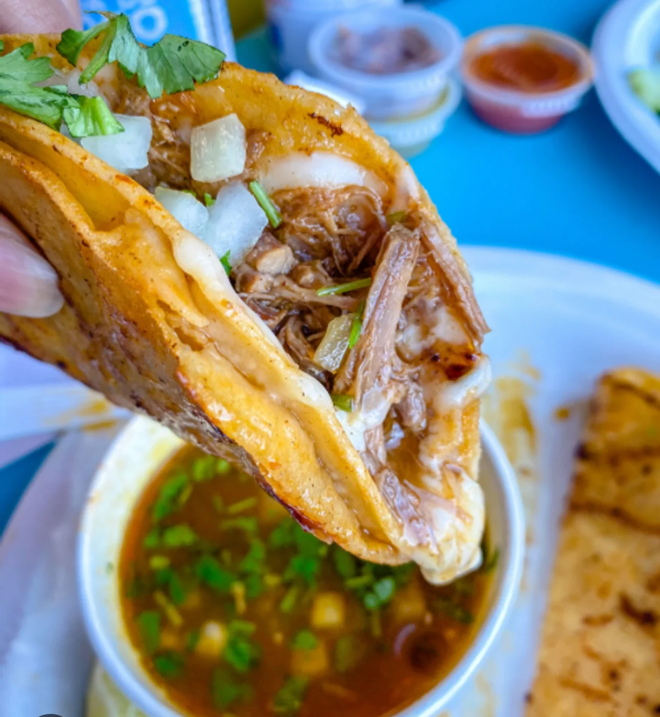 Delicious Mexican birria taco with consomé