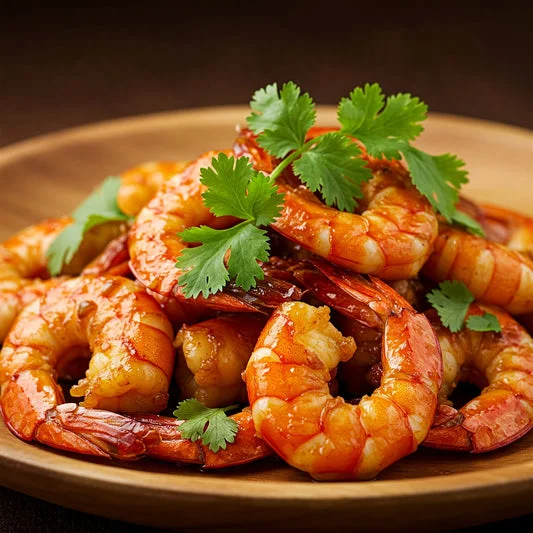 Delicious shrimp stir-fry garnished with fresh cilantro