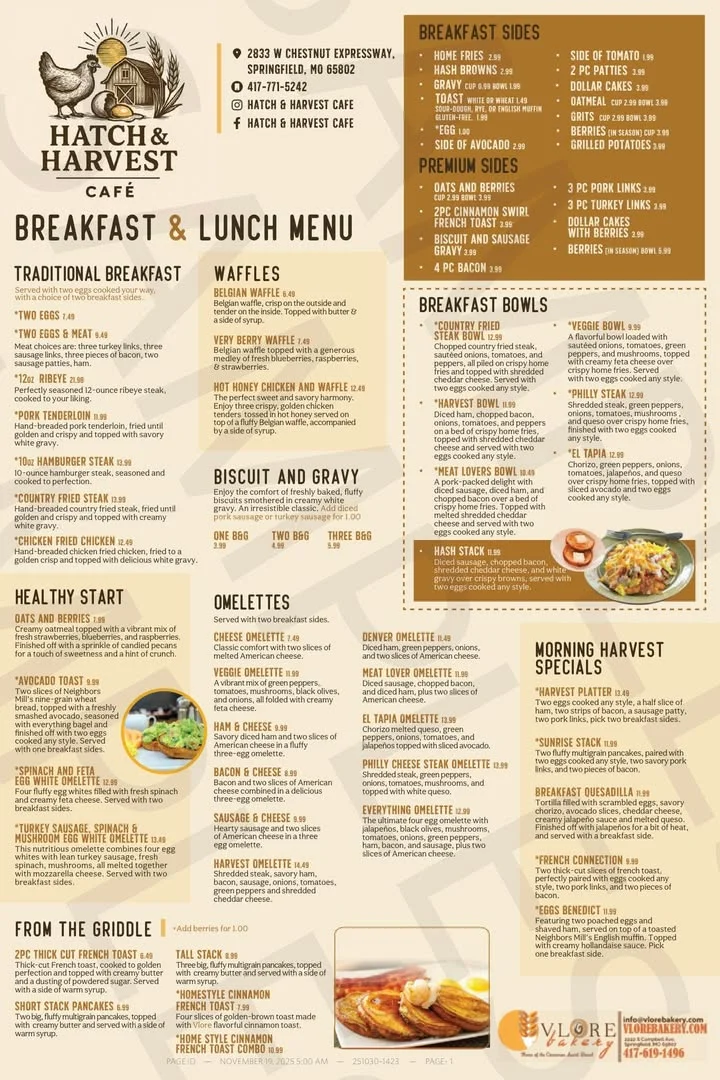 A breakfast and lunch menu featuring a variety of dishes including traditional breakfasts, waffles, omelettes, and bowls at Hatch & Harvest Cafe.