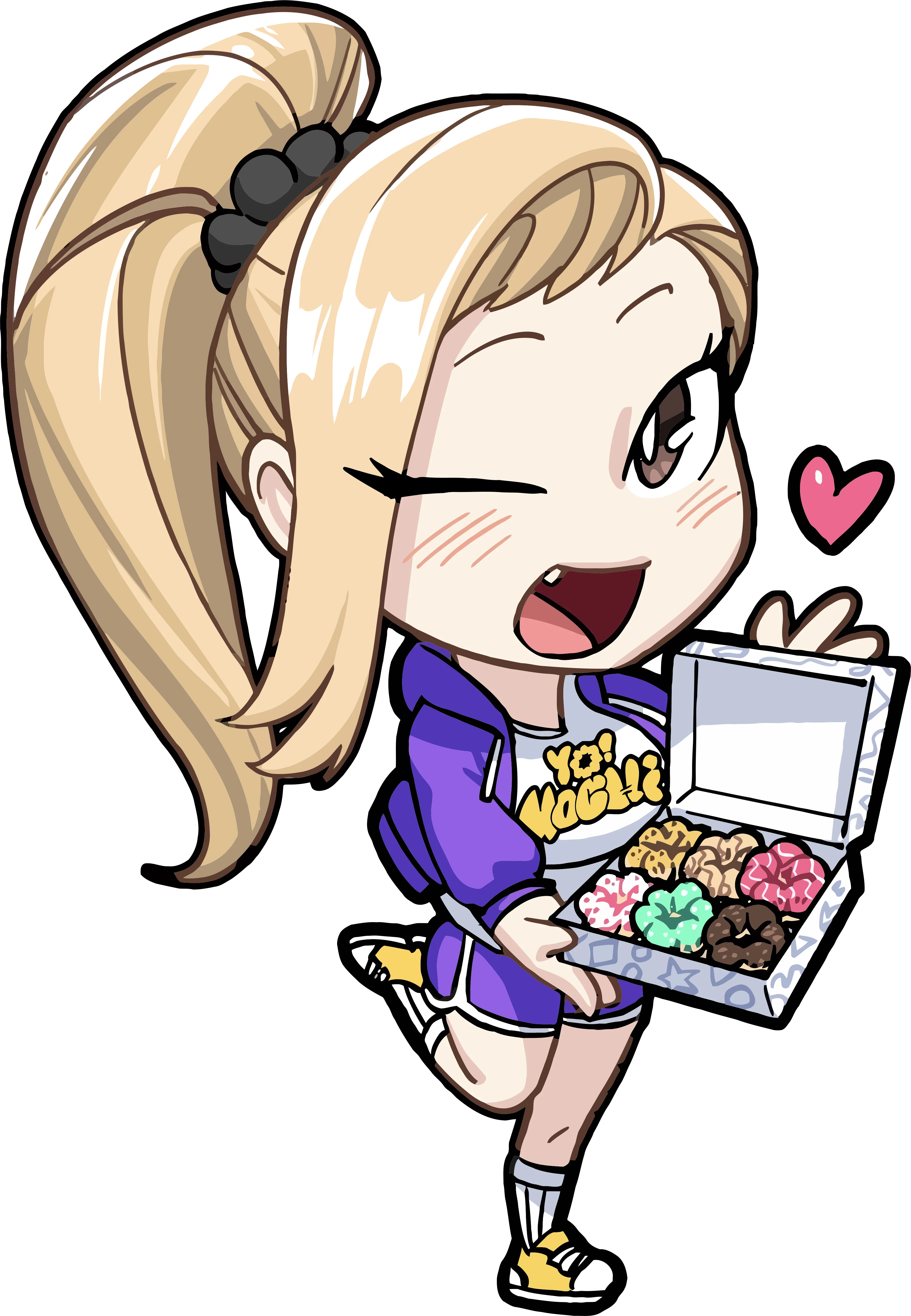 Cheerful character holding a box of colorful donuts