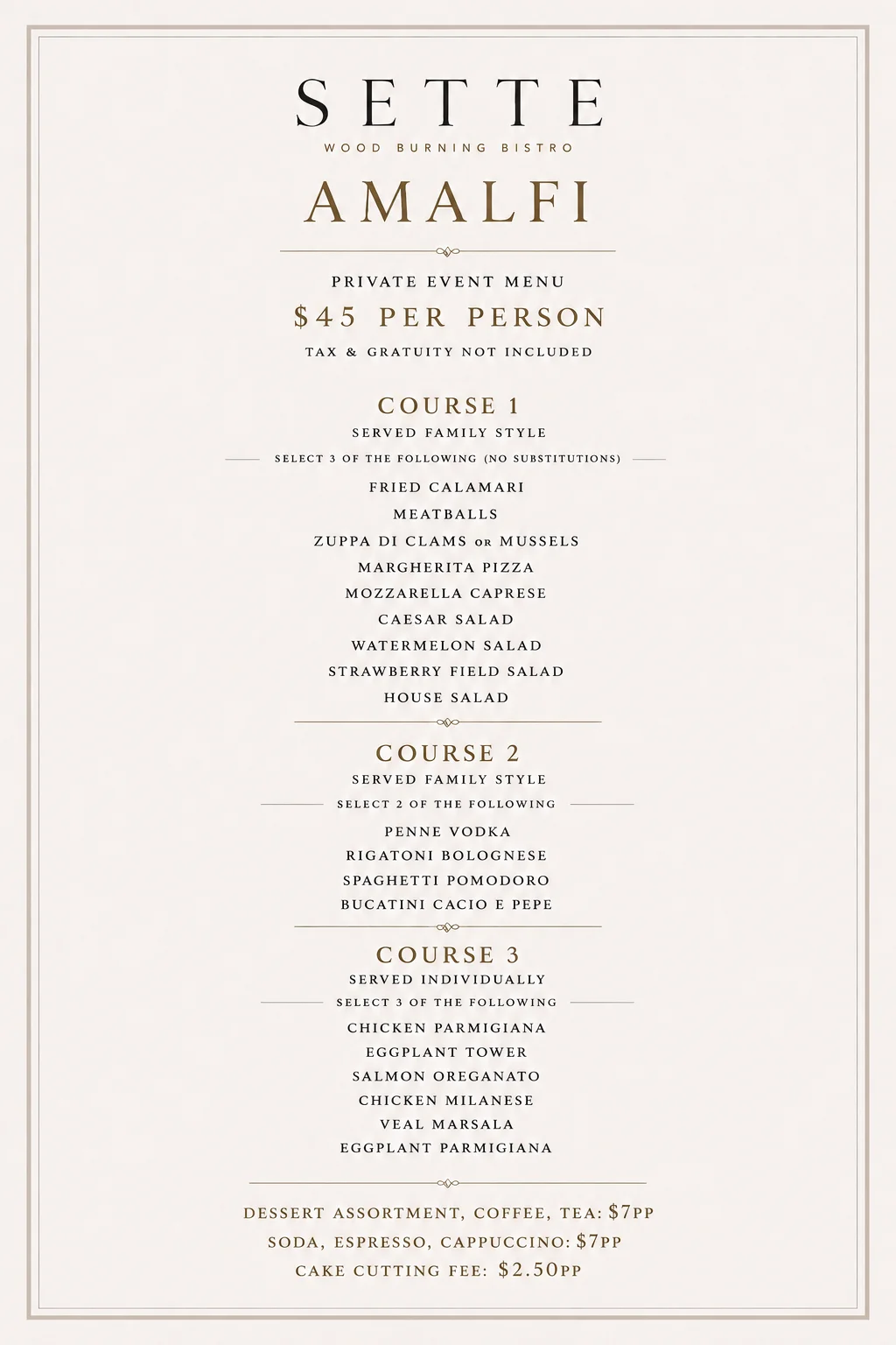Private event menu featuring a variety of gourmet dishes.