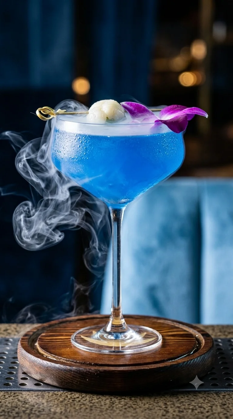 Vibrant blue cocktail with floral garnish in an elegant bar setting