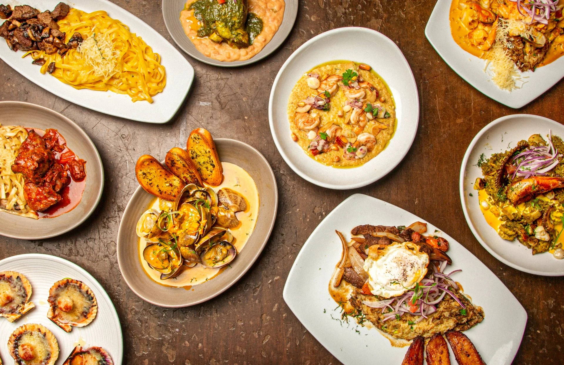 Assorted Latin American dishes on a rustic table