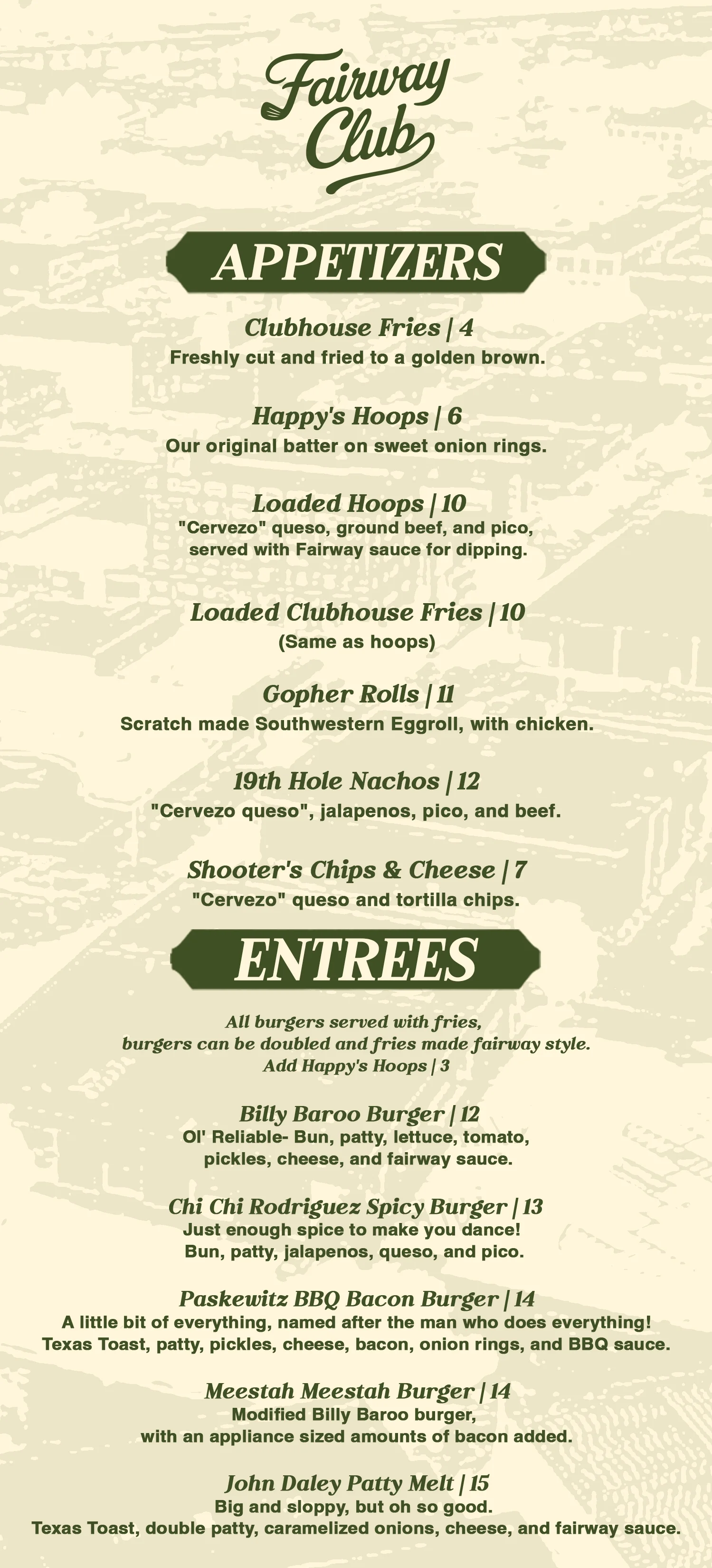 Menu featuring burgers and appetizers at Fairway Club.