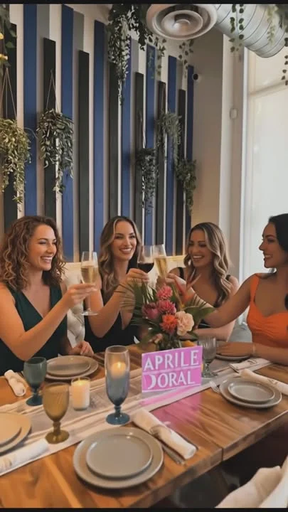 A group of four women gathered around a beautifully set table, raising glasses in celebration. The table features decorative elements, including a floral centerpiece.