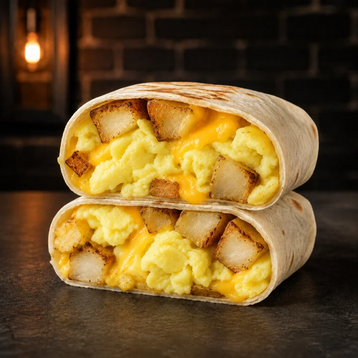 Potato Wedges, Egg, Cheese Burrito