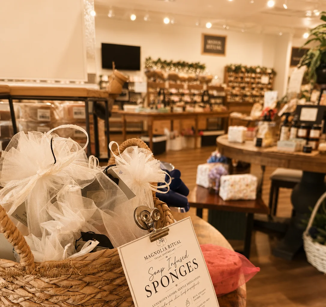 Warm interior of Magnolia Ritual Texas Apothecary in Magnolia, Texas.