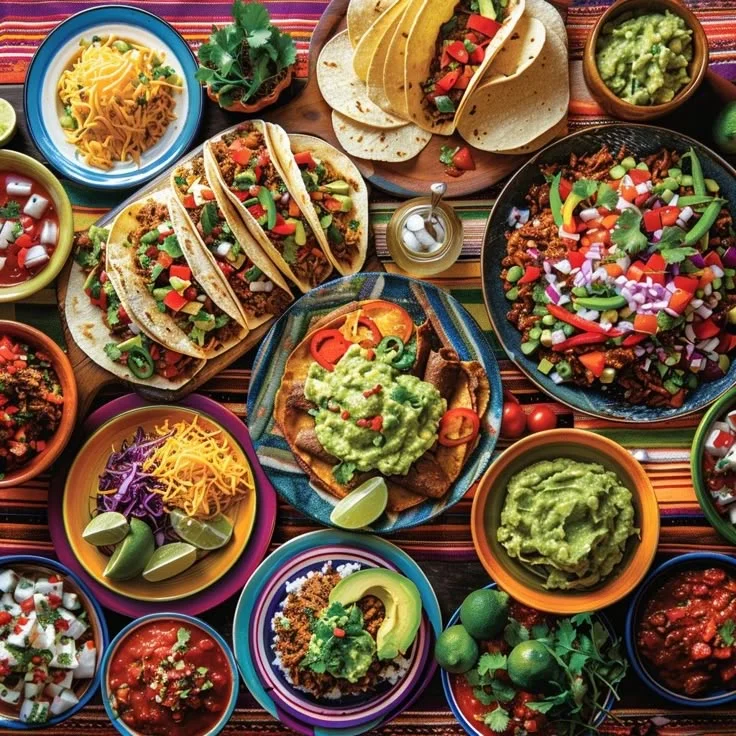 Colorful Mexican taco spread with guacamole and fresh toppings