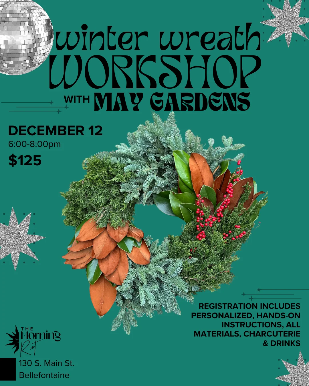 Winter wreath workshop event flyer with details and festive design