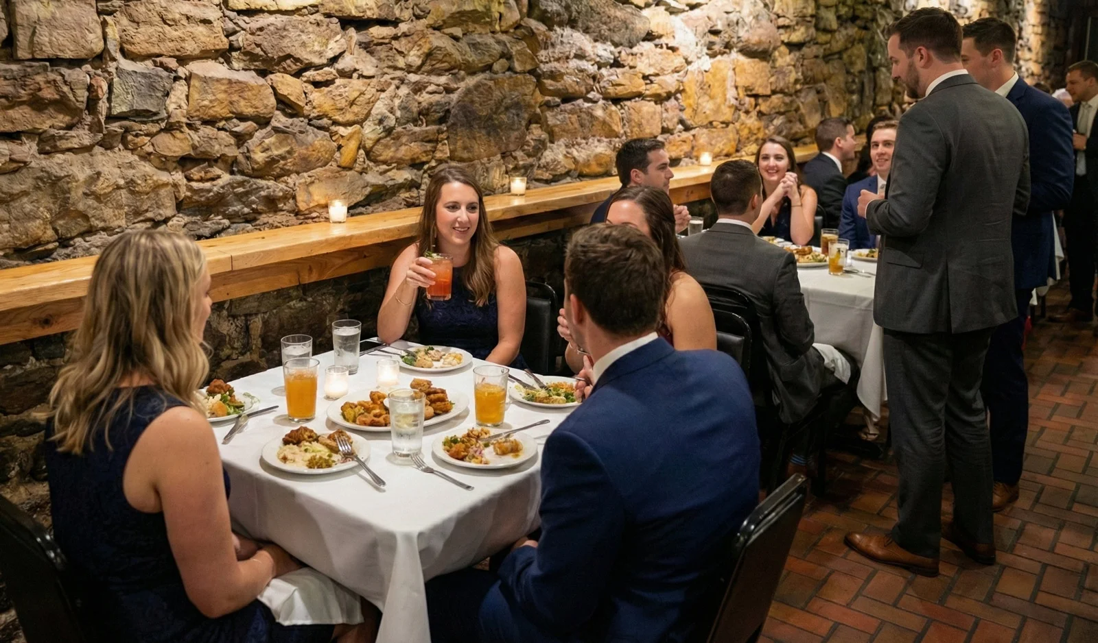 A vibrant underground event space with stylish decor and seating.